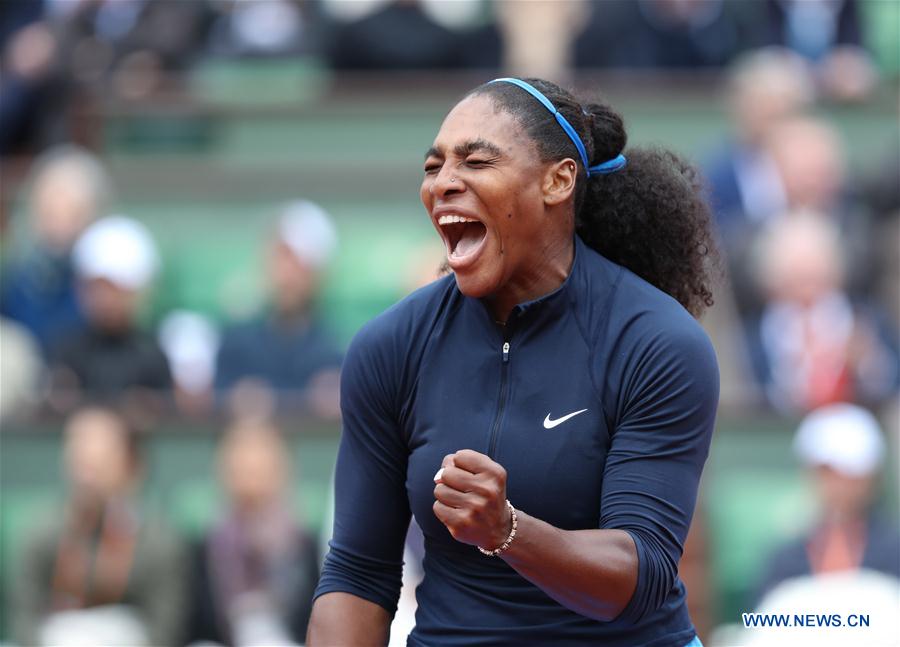 Serena Williams of the United States celebrates during the women's singles semifinal match with Kiki Bertens of the Netherlands on the 2016 French Open tennis tournament at Roland Garros, in Paris, France on June 3, 2016. 