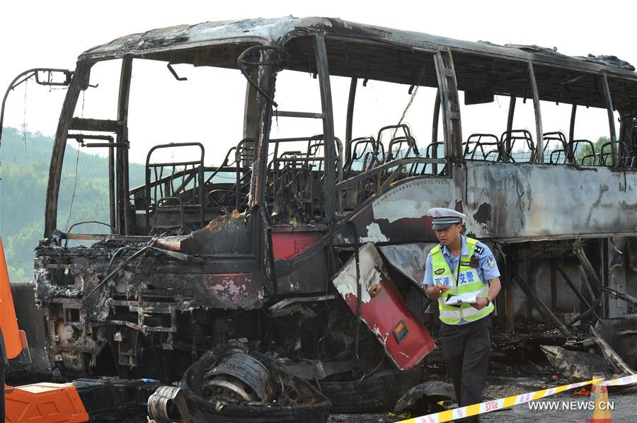 The accident happened at about 10:20 a.m., when the bus crashed into the guardrail on a highway in Yizhang.(