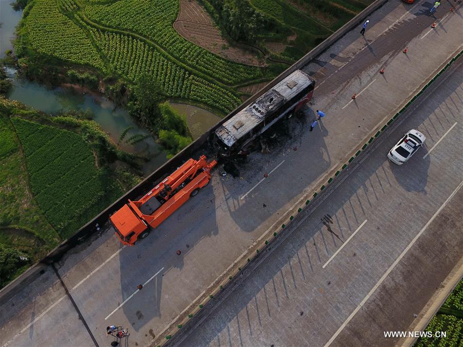 The accident happened at about 10:20 a.m., when the bus crashed into the guardrail on a highway in Yizhang.(