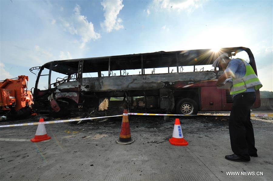 The accident happened at about 10:20 a.m., when the bus crashed into the guardrail on a highway in Yizhang.(