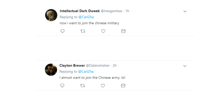 The screenshot of netizens' comments after watching Chinese People's Liberation Army recruitment video. [Photo: huanqiu.com]