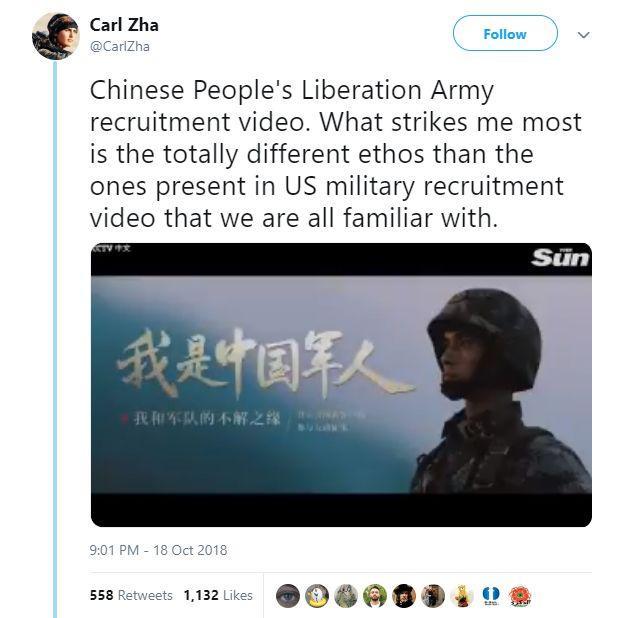 The screenshot of the Chinese People's Liberation Army recruitment video put online by a netizen named Carl Zha  on October 18. [Photo: huanqiu.com]