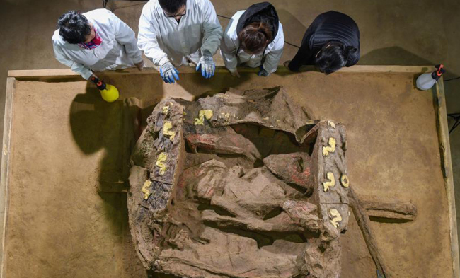 Archaeologists unveil the details of a deluxe carriage unearthed in a cemetery dating back to the Eastern Zhou Dynasty in Hebei Province. [Photo: Xinhua]