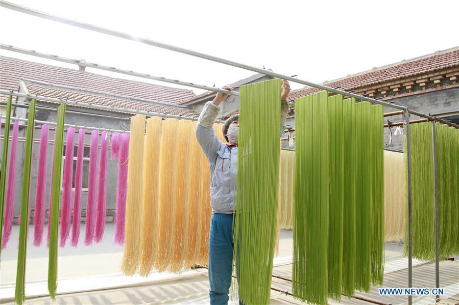 A staff member airs colored noodles at a workshop in Binzhou, east China\'s Shandong Province, Jan. 29, 2019. These noodles are naturally colored using vegetables or fruits such as carrot, spinach and dragon fruit. (Xinhua/Zhang Chunfeng)