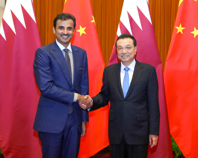 Chinese Premier Li Keqiang meets with visiting Qatari emir Sheikh Tamim Bin Hamad al-Thani at the Great Hall of the People in Beijing on January 31, 2019. [Photo: Gov.cn]