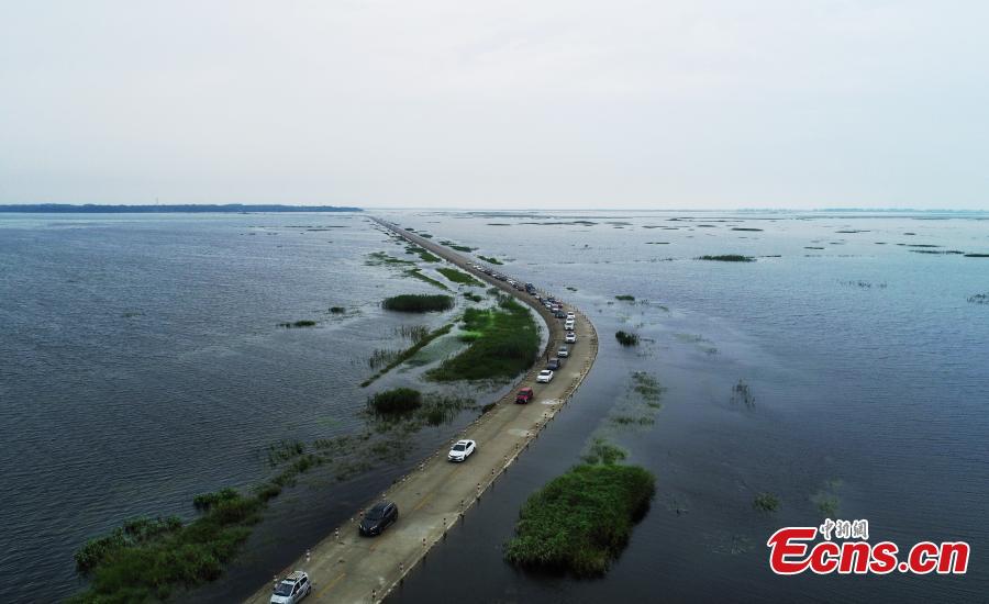 Photo taken on June 16, 2019 shows the submerged Dahuchi section of Yongxiu-Wucheng Road in East China\'s Jiangxi province. Continuous rain in Jiangxi has led to a rise of water level of the Poyang Lake, China\'s largest freshwater lake. The Dahuchi section of Yongxiu-Wucheng Road was submerged in water. (Photo: China News Service/Mao Jiajia)